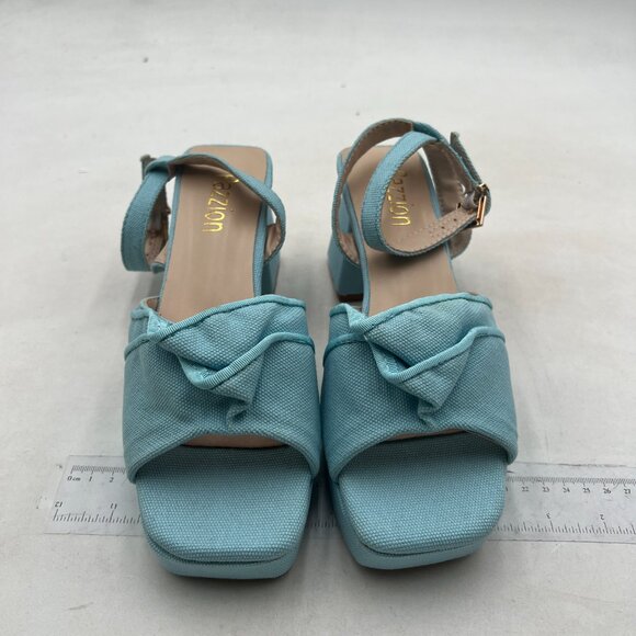 Pazzion Women Platform Square Toe Pleated Ruffle Sandals Chunky High Heels Blue - Picture 3 of 8